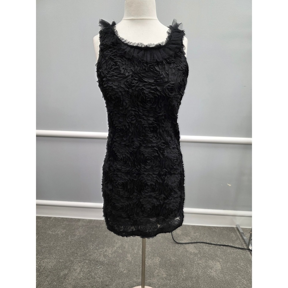 P. Luca Milano Black 3D Rosette Floral Mini Dress Tulle Ruffle Trim Small SS1290